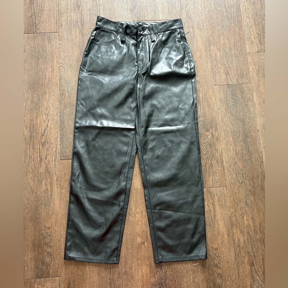 Size 27P Madewell black faux leather “perfect vintage straight jean”